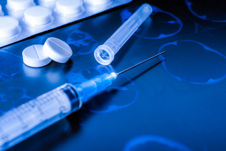 X-ray examination, syringe for injection, a two pills for treatment of diseaseの写真素材