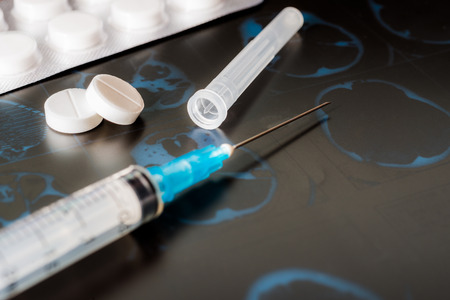 X-ray examination, syringe for injection, a two pills for treatment of diseaseの写真素材