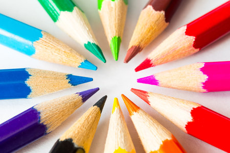 Colored pencils in a circle, close up viewの写真素材