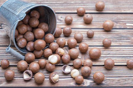 Macadamia nuts in bucket and wooden backgroundの写真素材