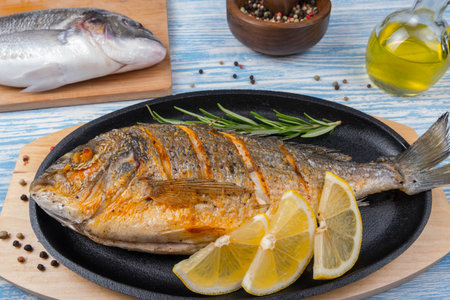 Grilled dorado in pan on wooden Backgroundの写真素材