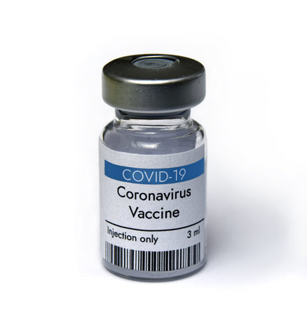 Coronavirus vaccine vial container in research laboratory. Close-up on white background