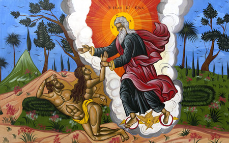 Byzantine wall painting shows God creating Adam and Evaの写真素材