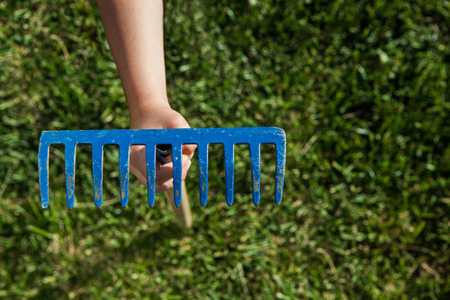 Hand holding a rake over green grass backgroundの写真素材
