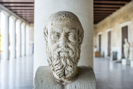 statue probably of Herodotus in stoa of Attalos, Athens, Greeceのeditorial素材