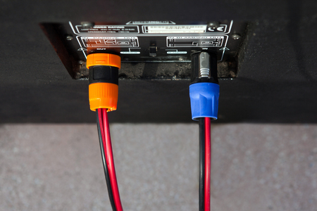 Audio plugs with the wire.Connection cables connect amplifier and speaker.の写真素材