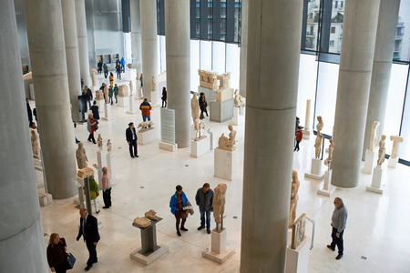 ATHENS, GREECE - DECEMBER 30, 2016: Interior view of the Acropolis museum in Athens with crowd.のeditorial素材