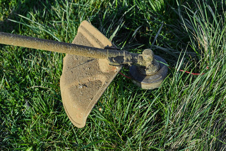 Closeup view of a grass trimmer in garden. 