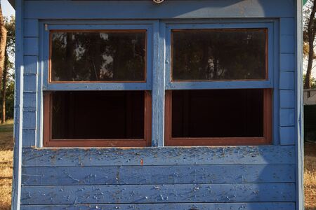 Closeup view of blue wooden windows as background.の写真素材