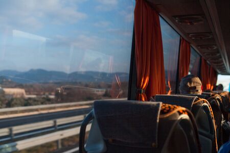 people in travel bus. transport, tourism, road trip.の写真素材
