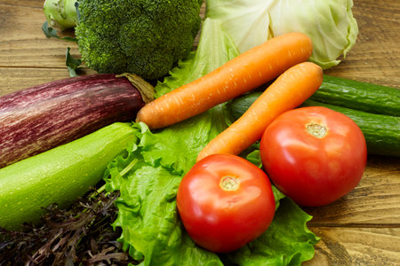 vegetables on wooden table. healthy diet.の写真素材