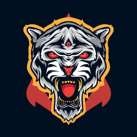 Colorfull angry tiger head. Illustrated white tiger. Cartoon Style.のイラスト素材