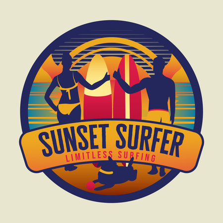 Stylish Sunset Surfer Logo Badge. Couple on Vacation with a Dog. Sunset in the Beach. Retro Vintage Joyfull Badge Illustration. Surfboarding Outdoor Beach Activity. Tropical Islandのイラスト素材