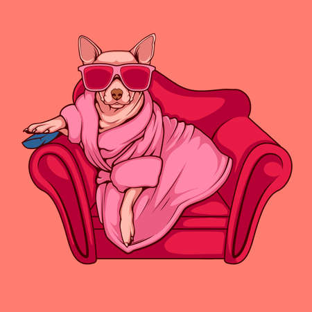 Pop art cartoon dog sitting, holding remote, and watching tv. Chilling in a pink suit. Vector colorful illustration in retro comic style.のイラスト素材