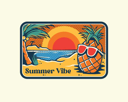 vintage emblems summer illustrations of pinneaple cartoon enjoy on vacation. Perfect for hat patch, t-shirt, embroidery, and others. California summer holiday style with waves surfing palms trendy phrases old travel carsのイラスト素材