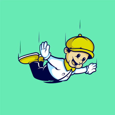 Vintage Paper Boy Flying. Funny Retro Cartoon Character, Funny Pose and Happy Face. Mascot Illustration Isolated on Green Background. Perfect for Sticker, T-Shirt, and other purposes.のイラスト素材