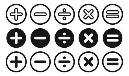 Calculator and math keys. Vector mathematic line icon set on white background. Calculator key symbol collection.のイラスト素材