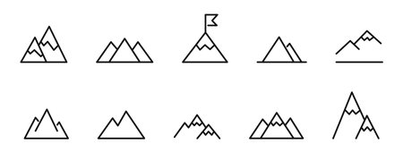 Mountain line thin icon set. Vector mountain landscape collection on white background.のイラスト素材