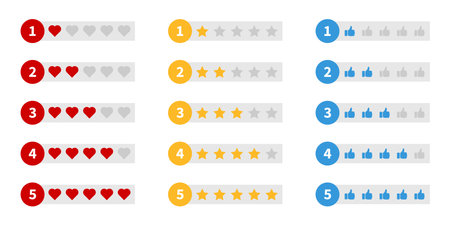 Rating symbols vector illustration. Ranking star heart and thumb up icon set. Rate on white background.のイラスト素材