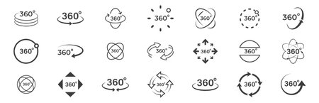 Set of 360 degree views icons. Round signs with arrows rotation to 360 degrees. Virtual reality icons. Signs with arrows to indicate the rotation or panoramas to 360 degrees. Vector illustration.のイラスト素材