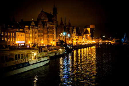 Gdansk waterfront after nightfall in northern Poland