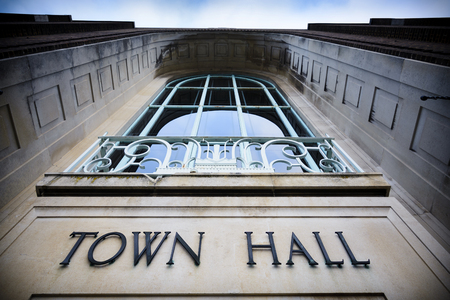 Town hall sign at local government office with balconyの写真素材