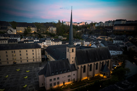 Luxembourg city seen from the surrounding high walls after duskの写真素材