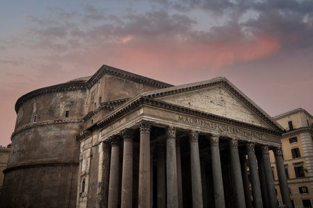 Exterior of Pantheon in Rome under moody skyの写真素材
