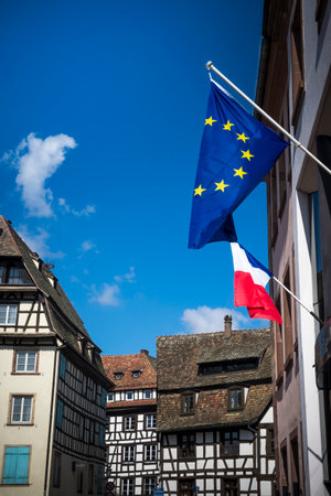Flags of France and the European Union in Strasbourgの写真素材