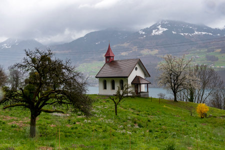 Typical Swiss dwelling along the banks of Lake Walenseeの写真素材