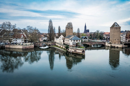Strasbourg medieval buildings on waterfront in Alsaceの写真素材
