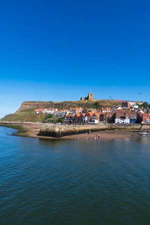 View across Whitby harbour on North Yorkshire coastの写真素材