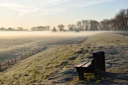 A cold and icy wooden bench overlooking a dawn ground frost close to Oss, Netherlandsの写真素材