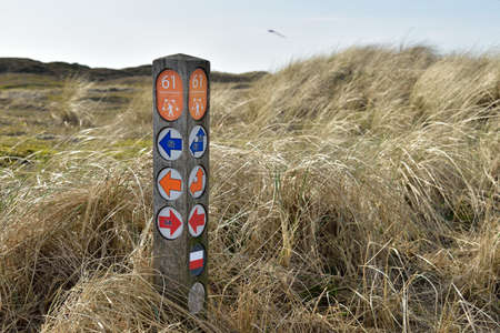 Hiking trail marker post in the sand dunes with Wandelnetwerk meaning Hiking Network on one signの写真素材