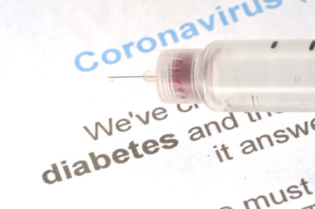 the words coronovirus and diabetes on healthcare with insulin dripping from diabetic syring