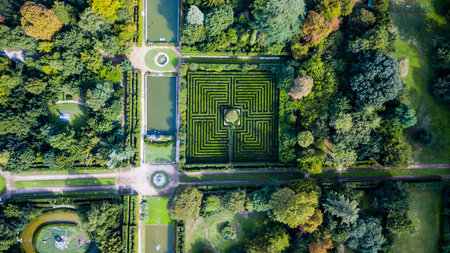 Drone view of a Labyrinth in a garden Italy