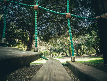 Wooden playground in the park with green ropes and trees on the backgroundの写真素材