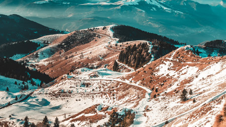 panoramic view of the mountains in winter - retro vintage effectの写真素材