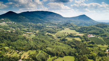 Panoramic view of the valley in the mountains on a sunny dayの写真素材