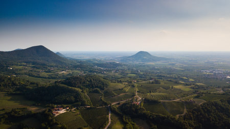 Aerial view of the valley and mountains in Italyの写真素材