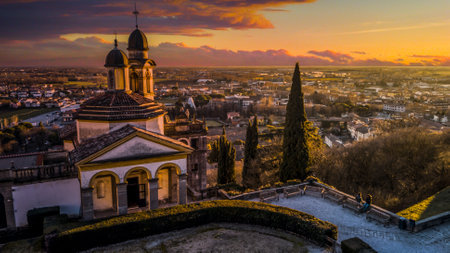 Sunset over the city of Monselice, Italyの写真素材