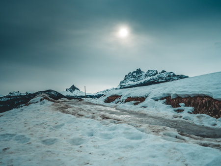 Winter mountain landscape with snow and clear blue sky. Toned.の写真素材