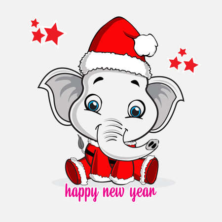 Smiling cute baby elephant Santa Claus with happy new year lettering.のイラスト素材