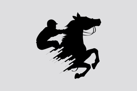 Vector illustration of race horse with jockey. black isolated silhouette on light gray background. Equestrian competition logo.のイラスト素材