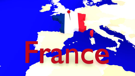 France is highlighted on an European Map, the flag is shown as a texture of the country outline and the country name is visible in front.の写真素材