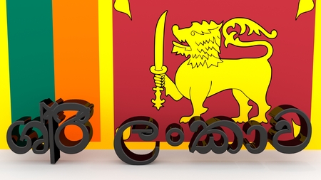 Sinhalese characters made of dark metal meaning Sri Lanka in front of a Sri Lankan flagの写真素材