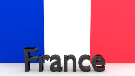 Writing France made of dark metal  in front of a french flagの写真素材