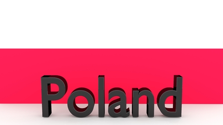 Writing Poland made of dark metal  in front of a polish flagの写真素材
