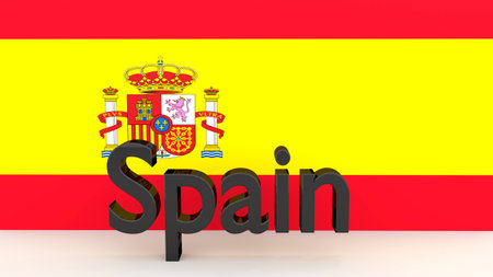 Writing Spain made of dark metal  in front of a spanish flagの写真素材