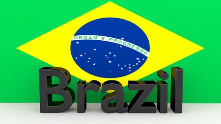 Writing Brazil made of dark metal in front of a brazilian flagの写真素材
